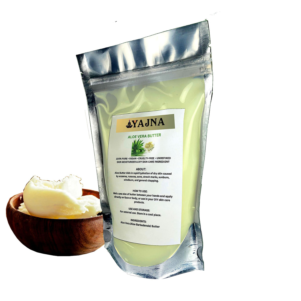 Yajna open tub revealing ivory-white aloe butter texture for deep moisturization