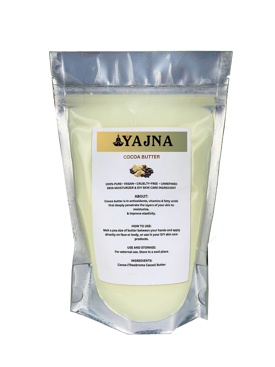 Yajna cocoa butter front packaging showing pure Grade A ivory butter benefit moisturizing