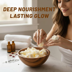 Open jar of Yajna mango butter ivory cream ready for skincare use