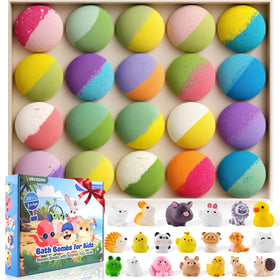 Yakrzonn front packaging showing 20 bath bombs and gift box benefit surprise