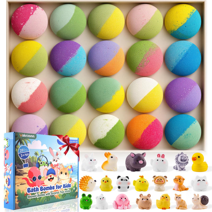 Yakrzonn front packaging showing 20 bath bombs and gift box benefit surprise
