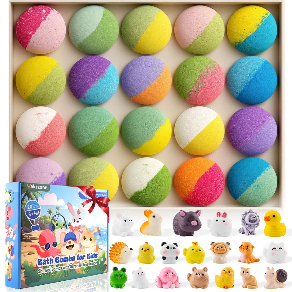 Yakrzonn front packaging showing 20 bath bombs and gift box benefit surprise