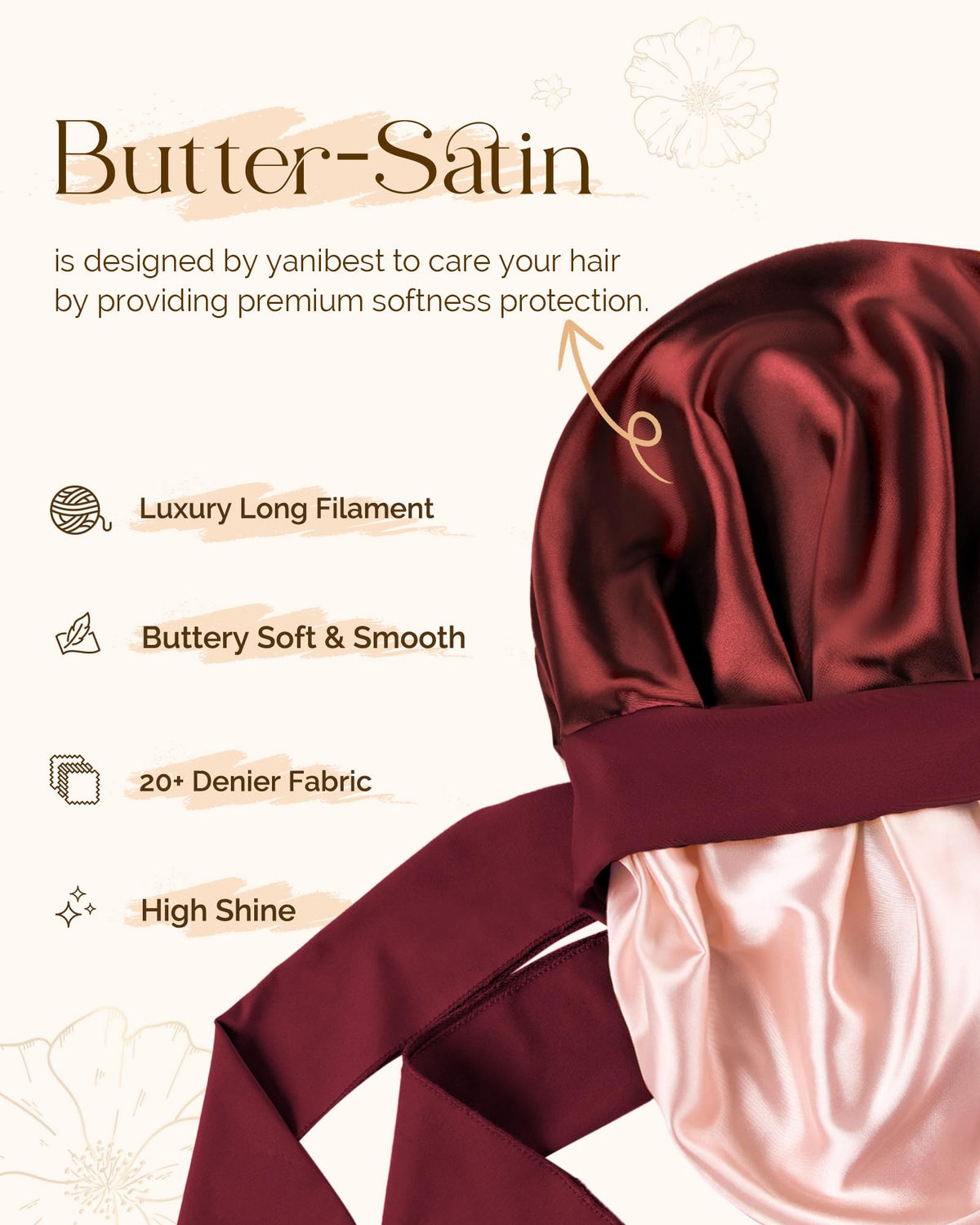 YANIBEST bonnet elastic tie closeup demonstrating adjustable secure fit without marks