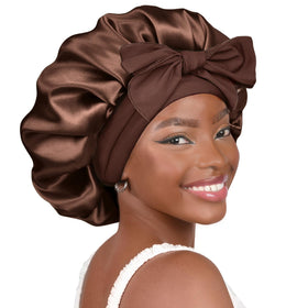 YANIBEST bonnet front view showing brown satin and secure fit benefits