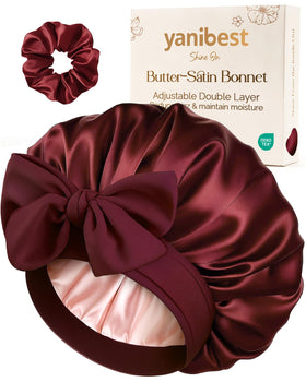 YANIBEST bonnet front view showing burgundy satin and neat seam, protects hair overnight