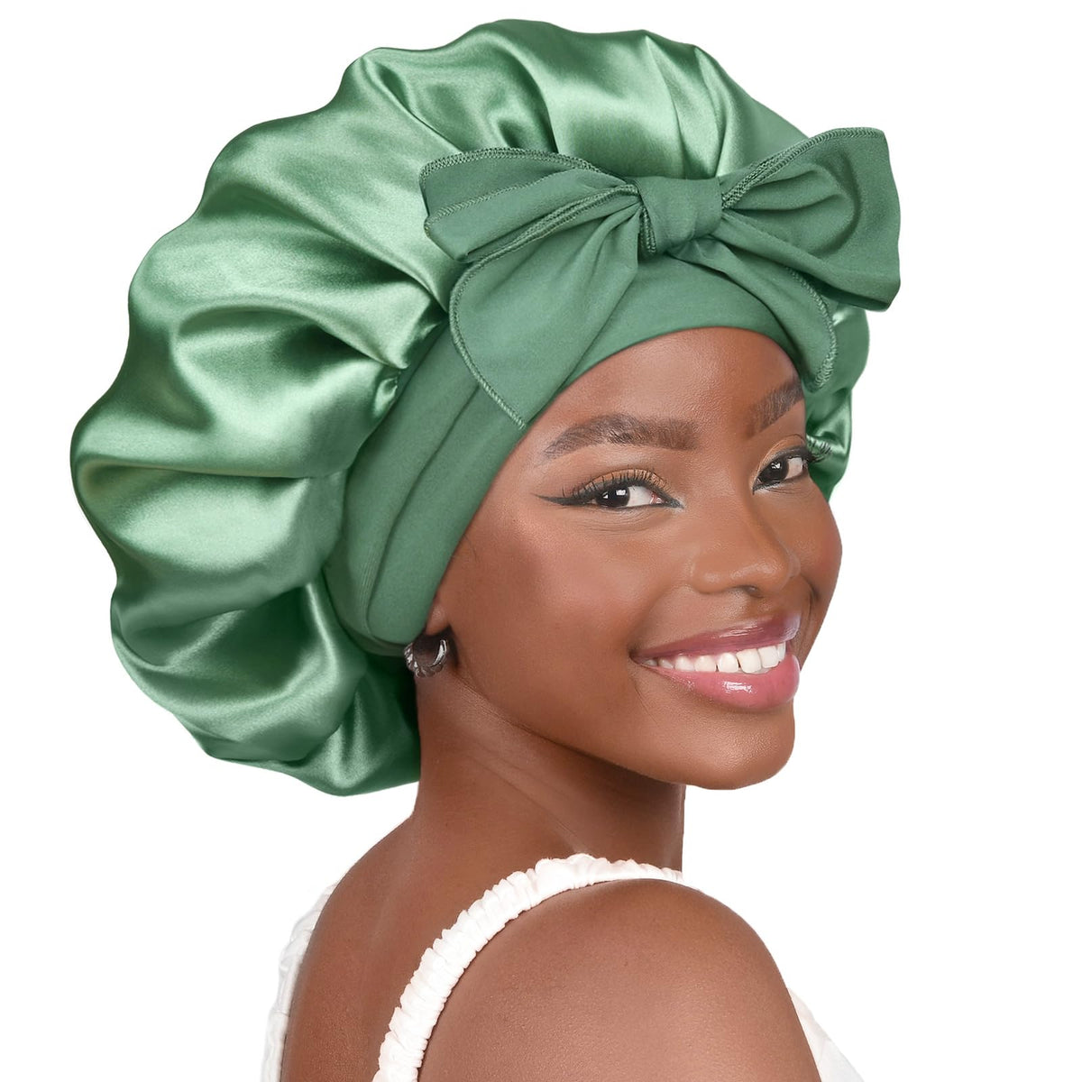 YANIBEST bonnet front view in sage showing smooth satin and protective shape