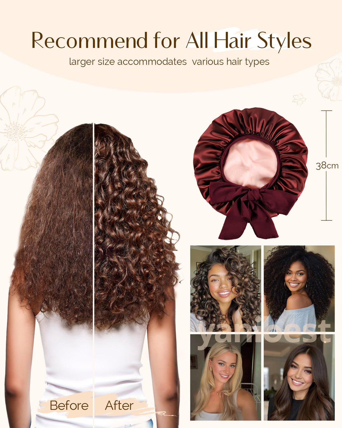 YANIBEST bonnet worn by woman with curly hair preserving curls and reducing frizz