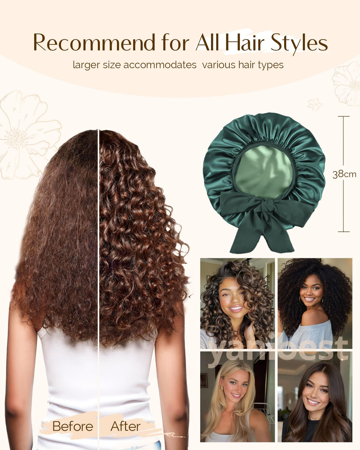 YANIBEST bonnet worn on curly hair while sleeping to reduce frizz and maintain moisture