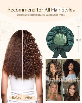 YANIBEST bonnet worn on curly hair while sleeping to reduce frizz and maintain moisture