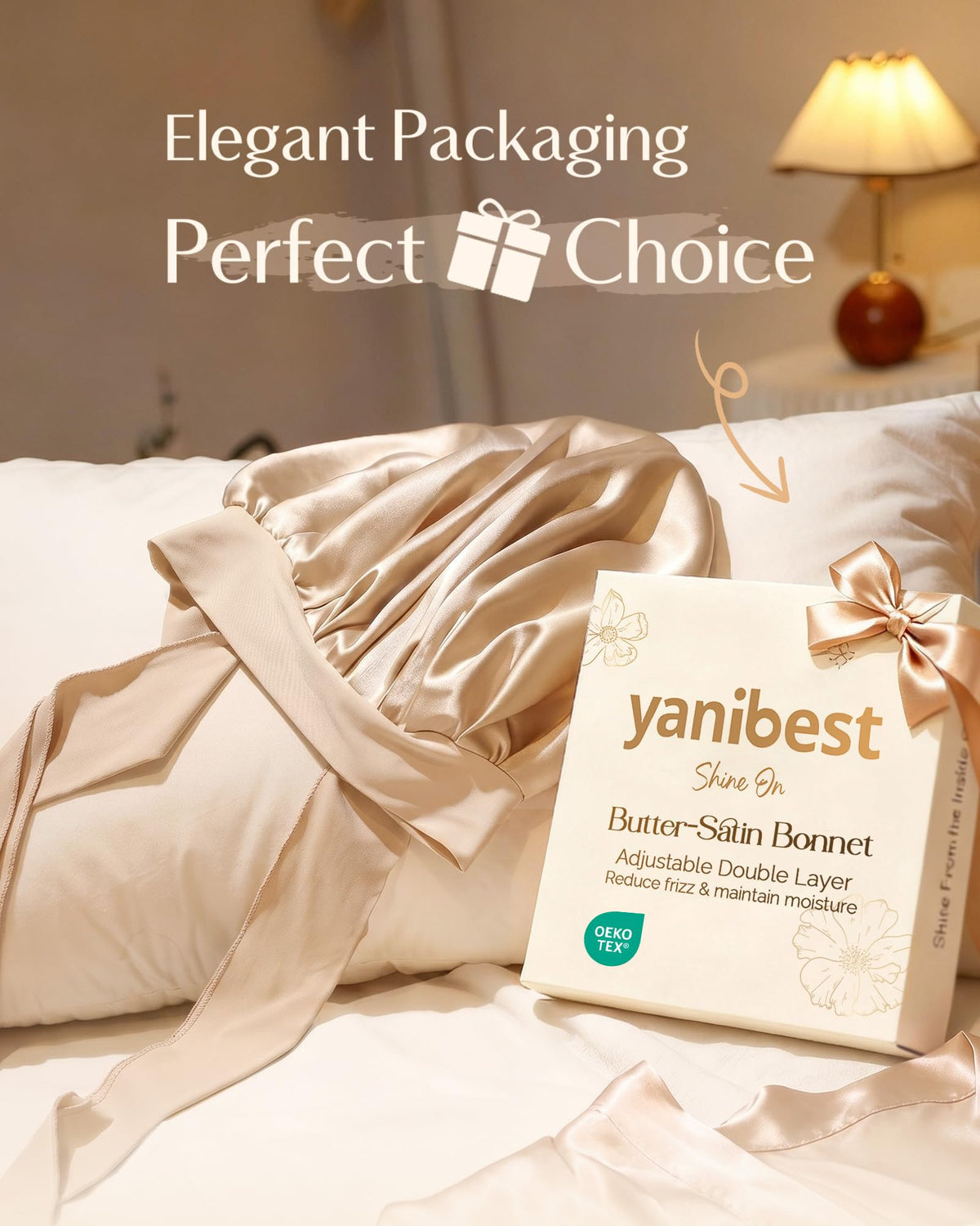 YANIBEST bonnet on model sleeping preserving curls and reducing frizz