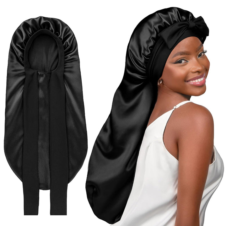 YANIBEST front view of black bonnet showing roomy shape and secure fit benefit