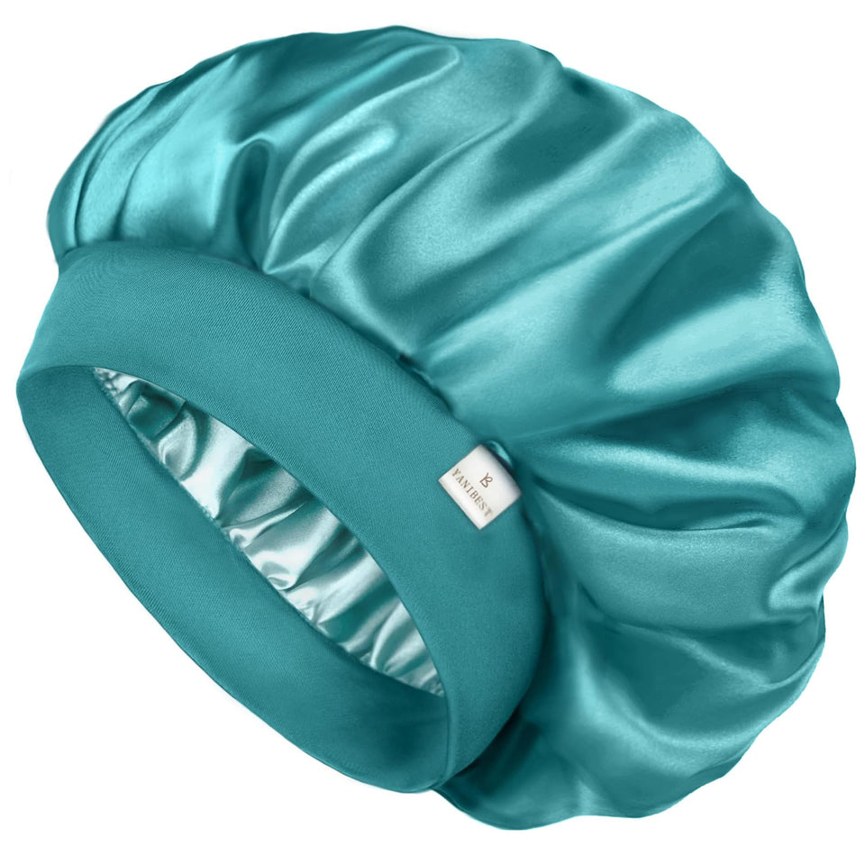 YANIBEST bonnet front view showing blue satin and sleek finish for gentle hair protection