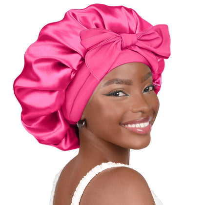 YANIBEST front view of hot-pink satin bonnet showing full shape and coverage