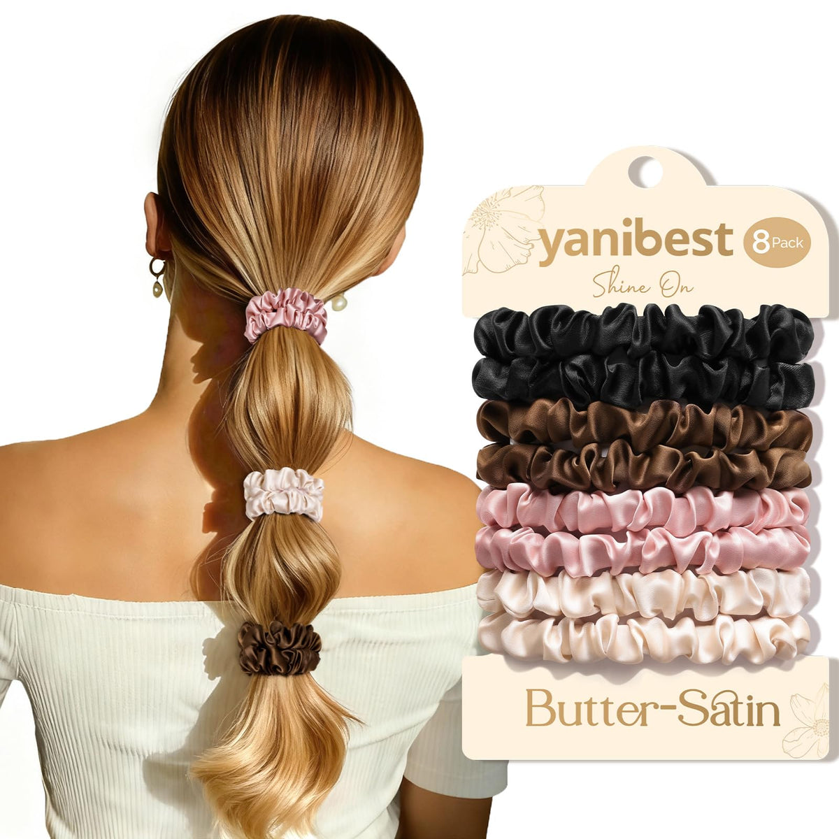 YANIBEST front packaging showing 8-piece satin scrunchies and gift box benefit