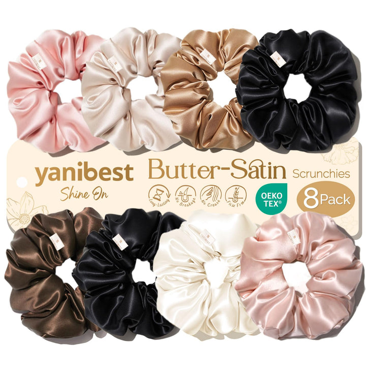 YANIBEST front packaging showing eight colorful satin scrunchies and box