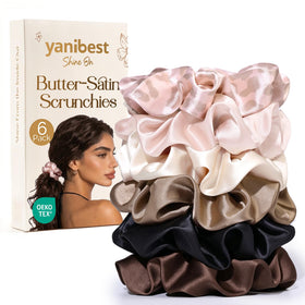 YANIBEST front packaging showing six multicolored satin scrunchies neatly arranged