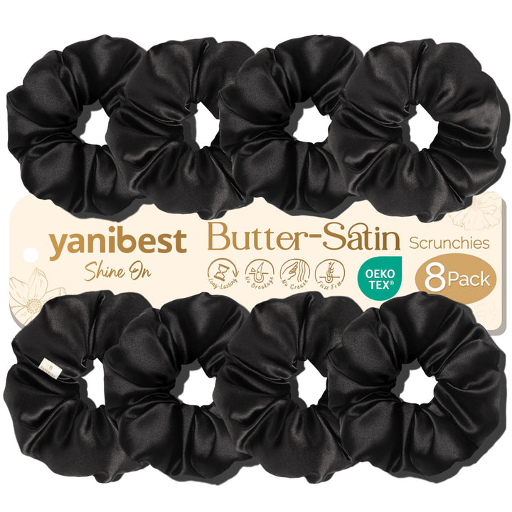 YANIBEST front packaging showing eight satin scrunchies and gift box, elegant presentation