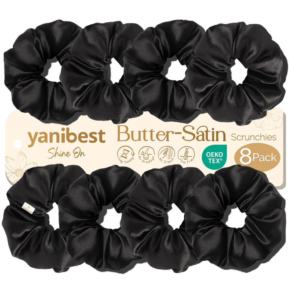 YANIBEST front packaging showing eight satin scrunchies and gift box, elegant presentation