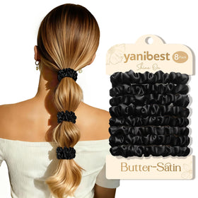 YANIBEST front packaging showing 8 satin hair ties and benefits