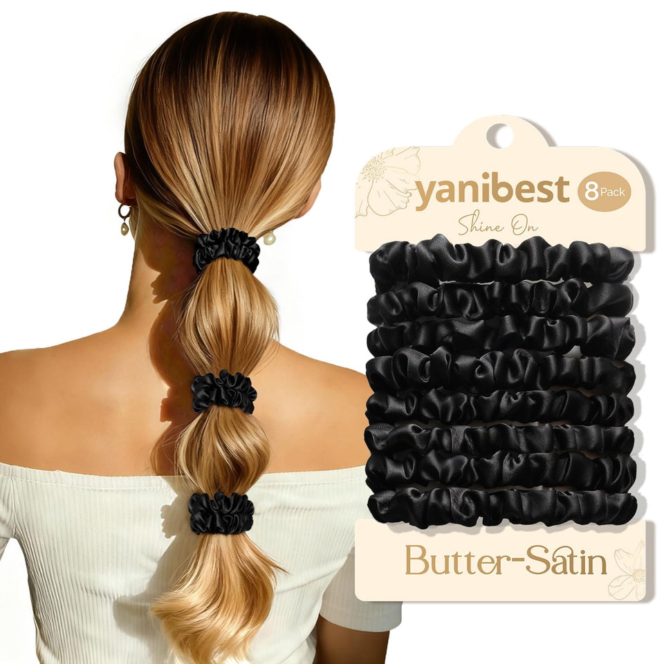 YANIBEST front packaging showing 8 satin hair ties and benefits