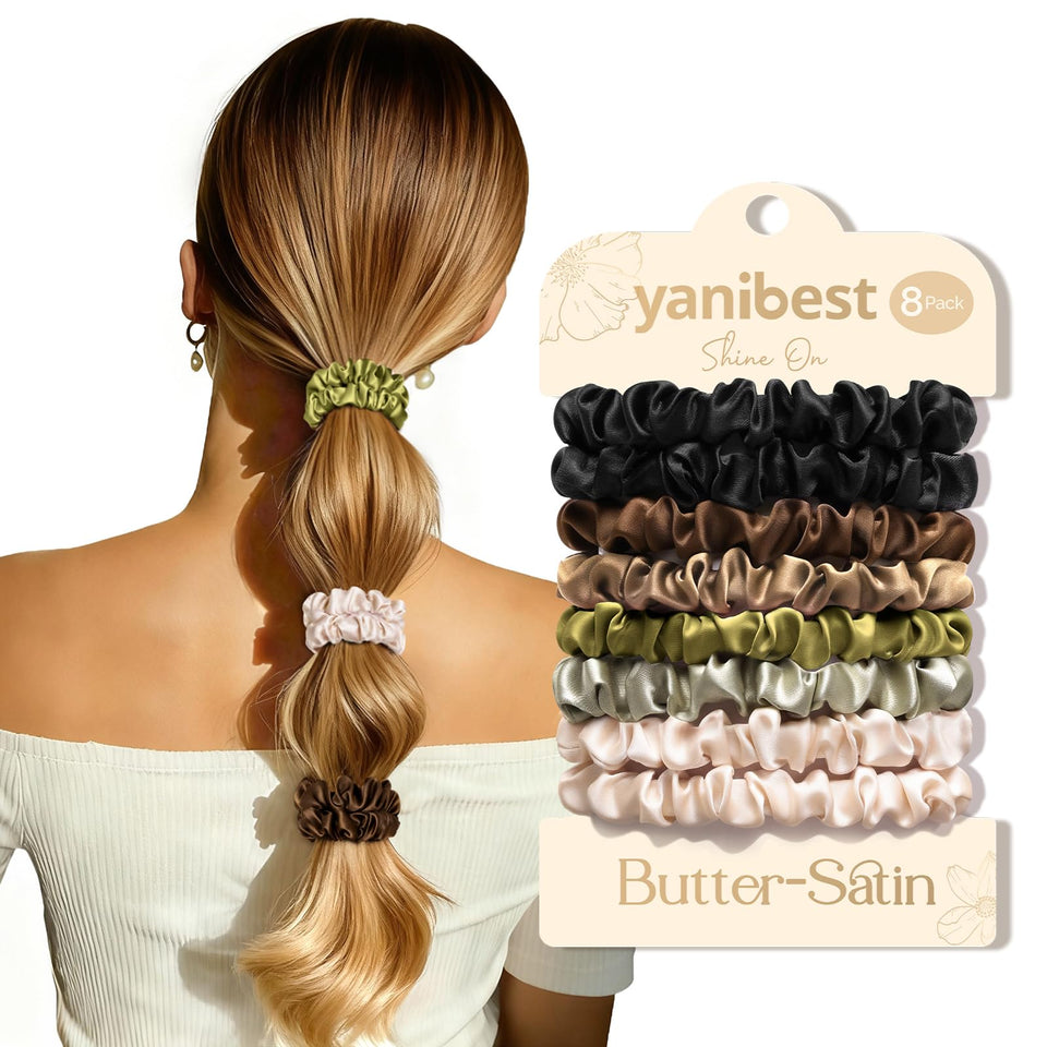 YANIBEST front packaging showing eight satin hair ties and brand