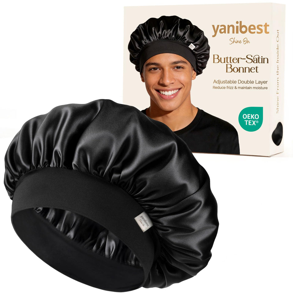 YANIBEST front view of small black bonnet showing snug fit benefit