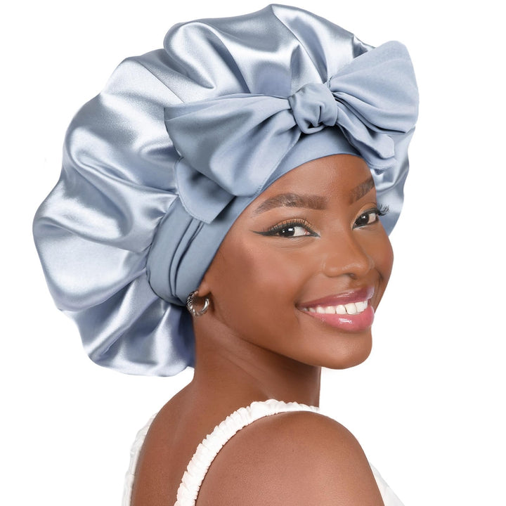 YANIBEST front view of blue bonnet showing secure wrap and neat look