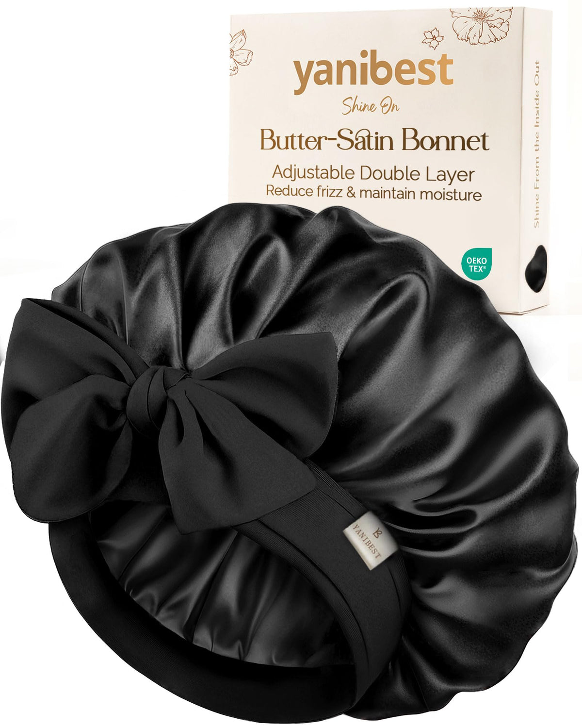 YANIBEST front view of bonnet showing roomy fit and smooth sheen benefit: protects style