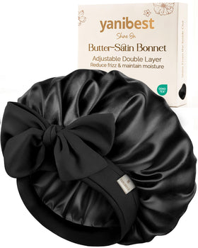 YANIBEST front view of bonnet showing roomy fit and smooth sheen benefit: protects style