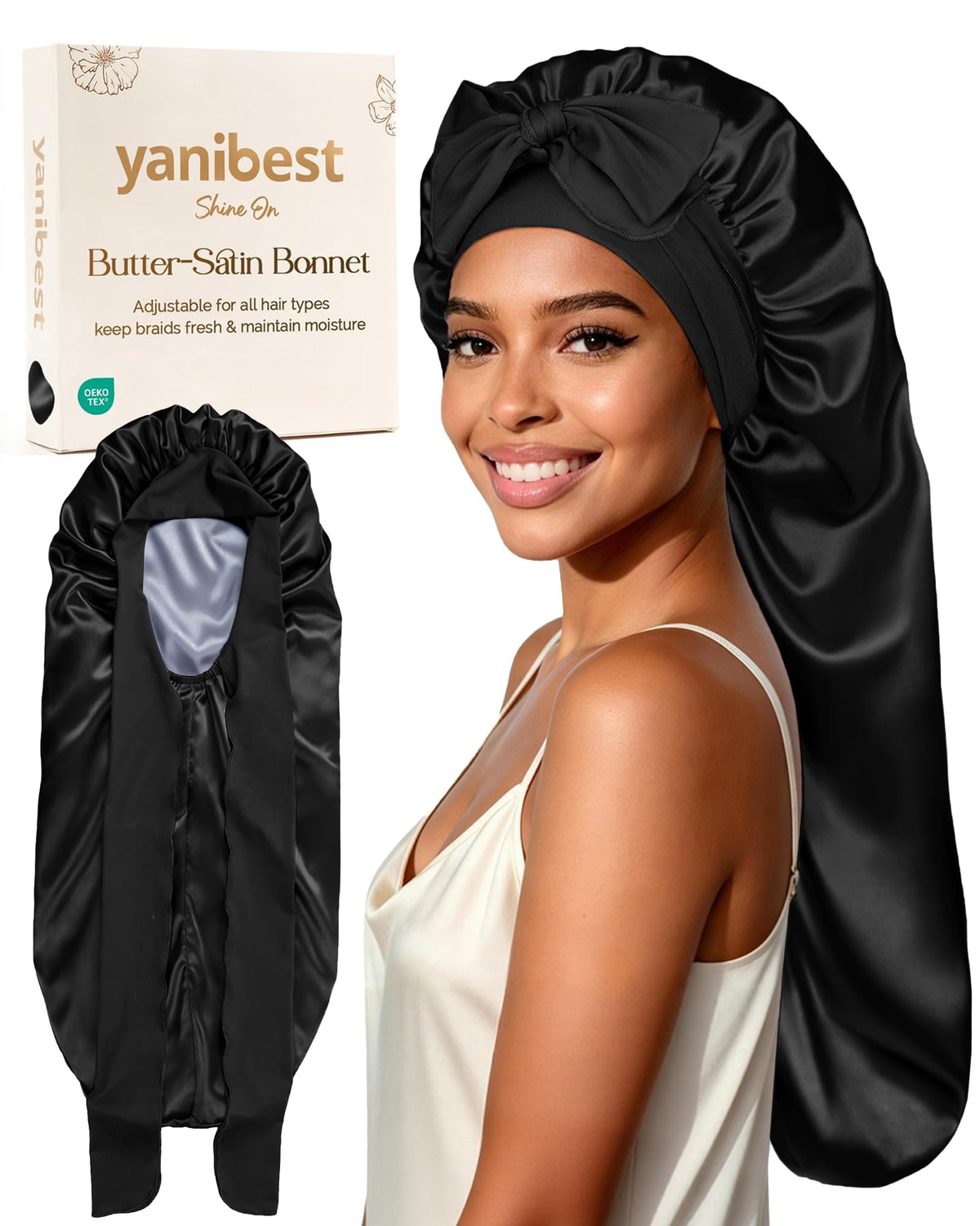 YANIBEST front view satin sleep bonnet shows full coverage and secure fit