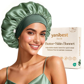 YANIBEST front view showing bonnet fit and smooth satin for comfortable sleep