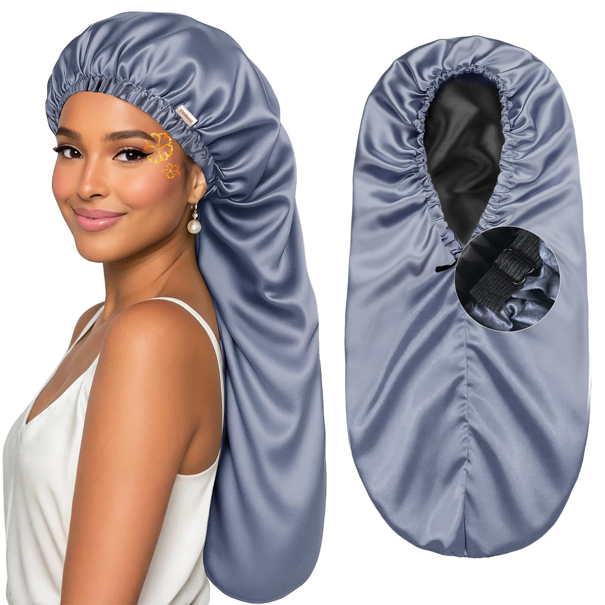YANIBEST front view of bonnet packaging showing style and color, protects hair overnight