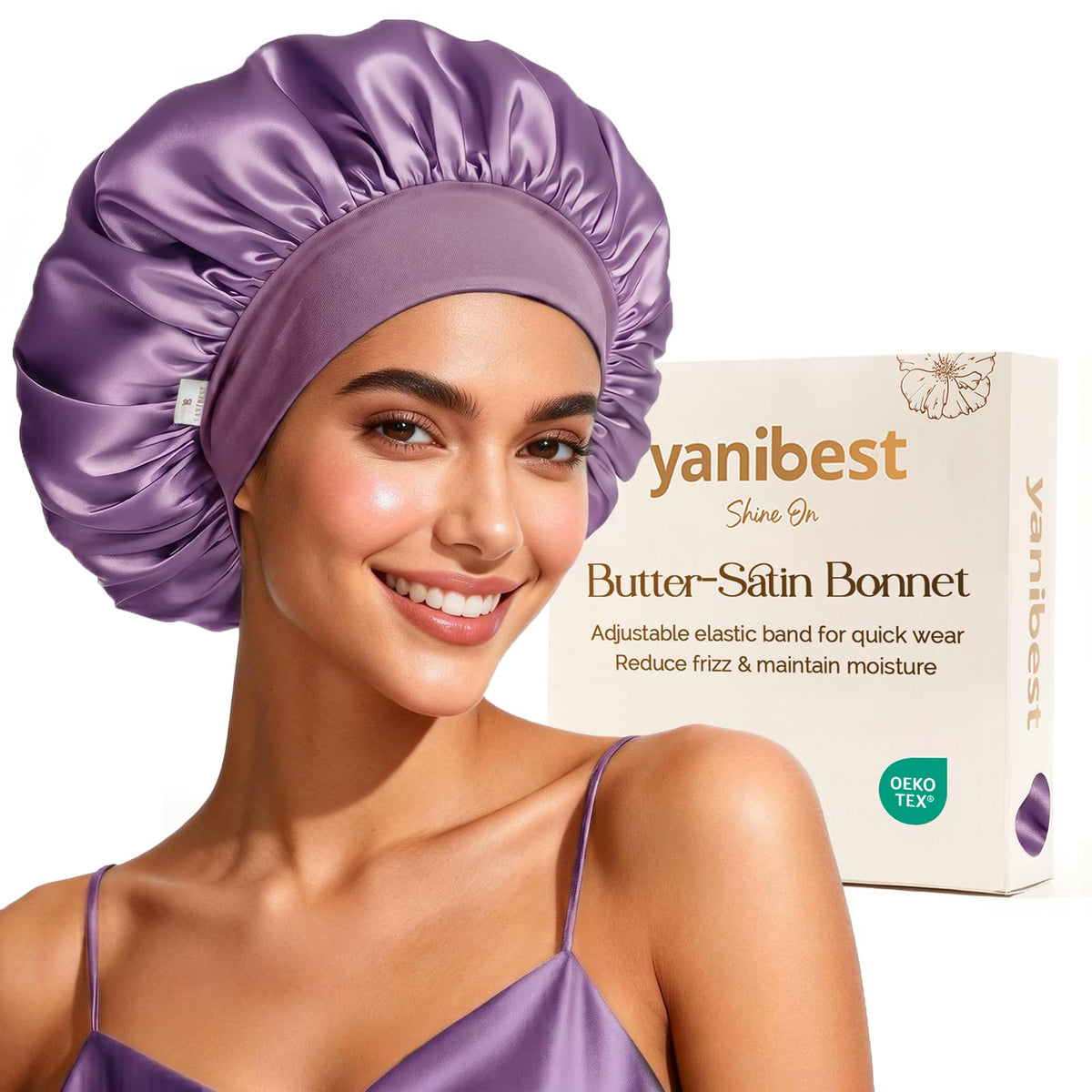 YANIBEST front view bonnet packaging showing product and logo, protective sleepcap benefit