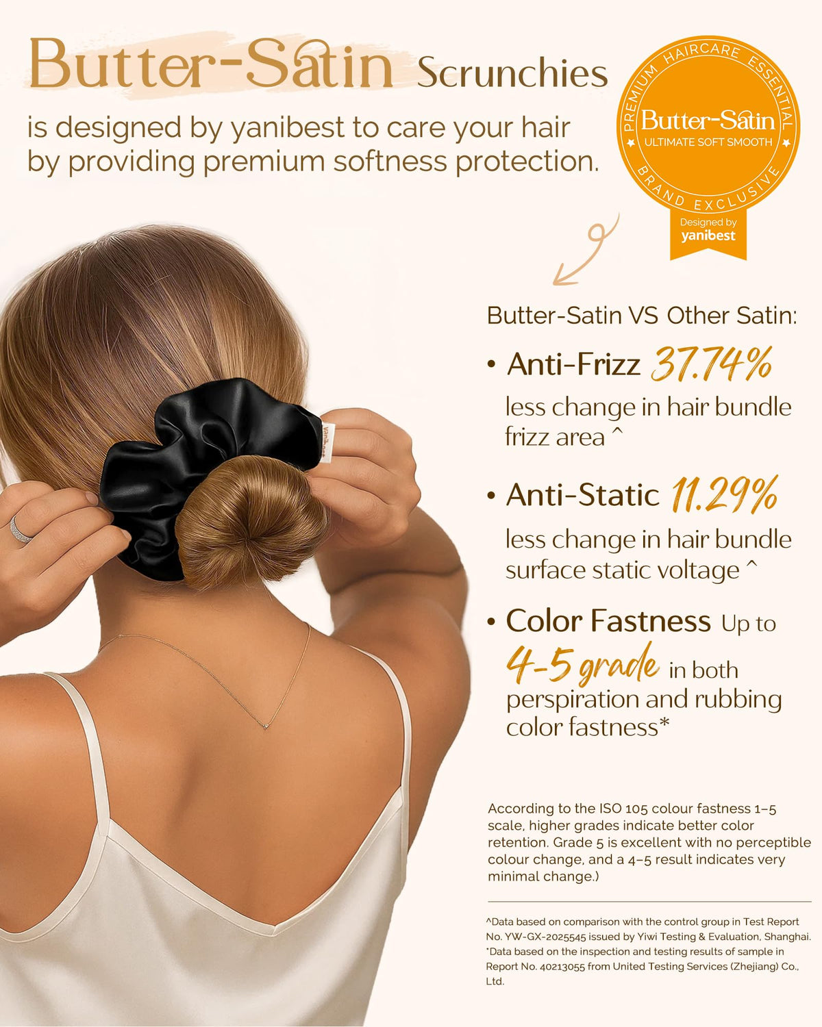 YANIBEST scrunchie in hand to show scale and soft stretch for comfortable hold