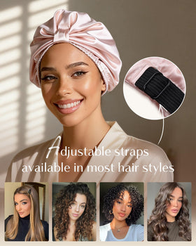 YANIBEST bonnet worn by model with curly hair preserving curls and reducing frizz benefit