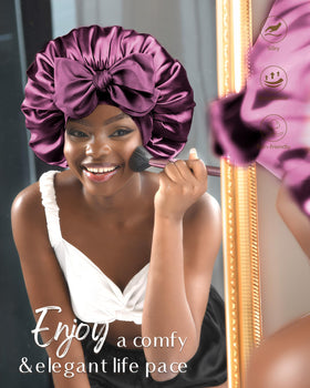 YANIBEST bonnet in use on curly hair preserving curls overnight