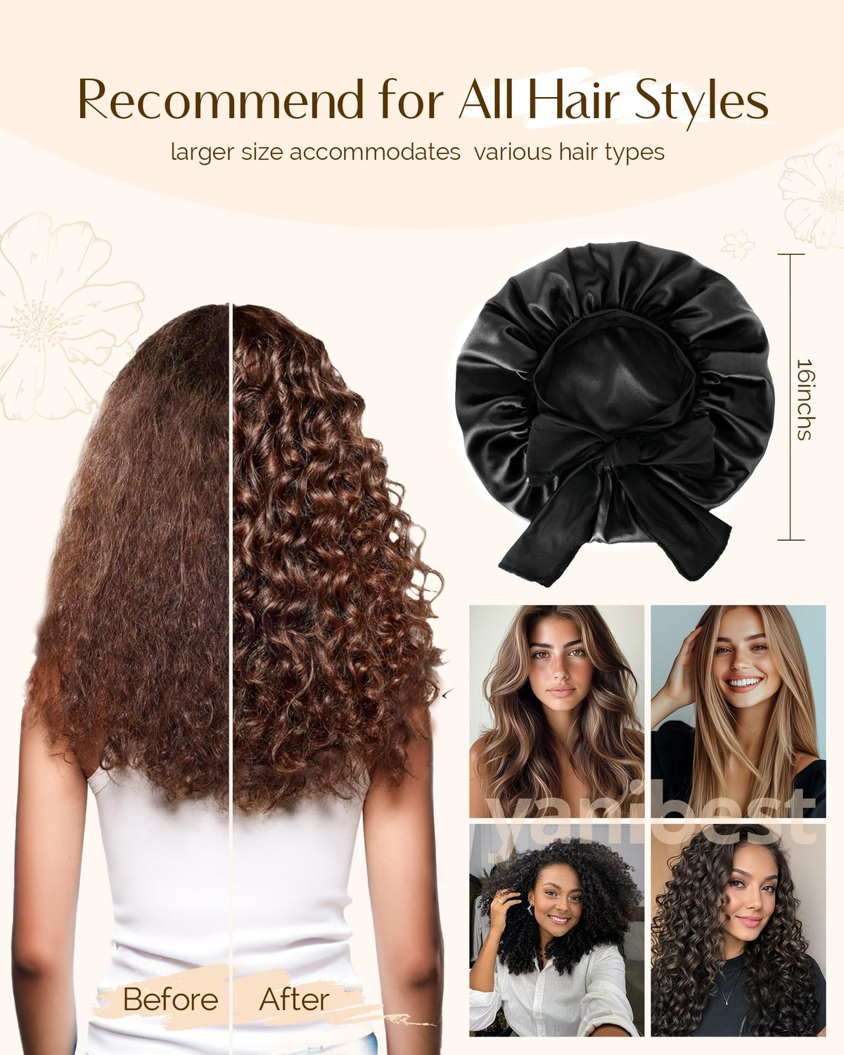 YANIBEST bonnet worn by model sleeping showing preserved curls benefit: less frizz