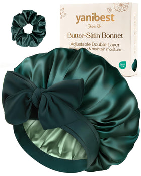 YANIBEST bonnet front view in sage showing smooth satin and neat seams to protect hair