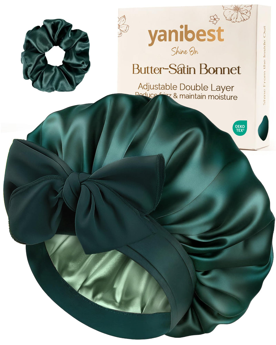 YANIBEST bonnet front view in sage showing smooth satin and neat seams to protect hair