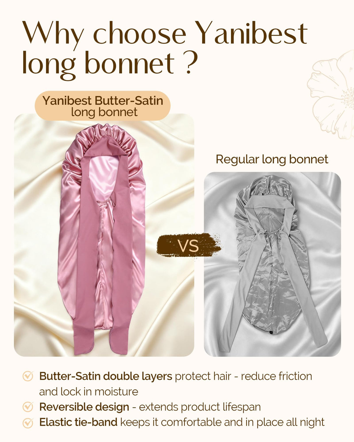 YANIBEST bonnet beside a hand for scale showing extra length for long hair