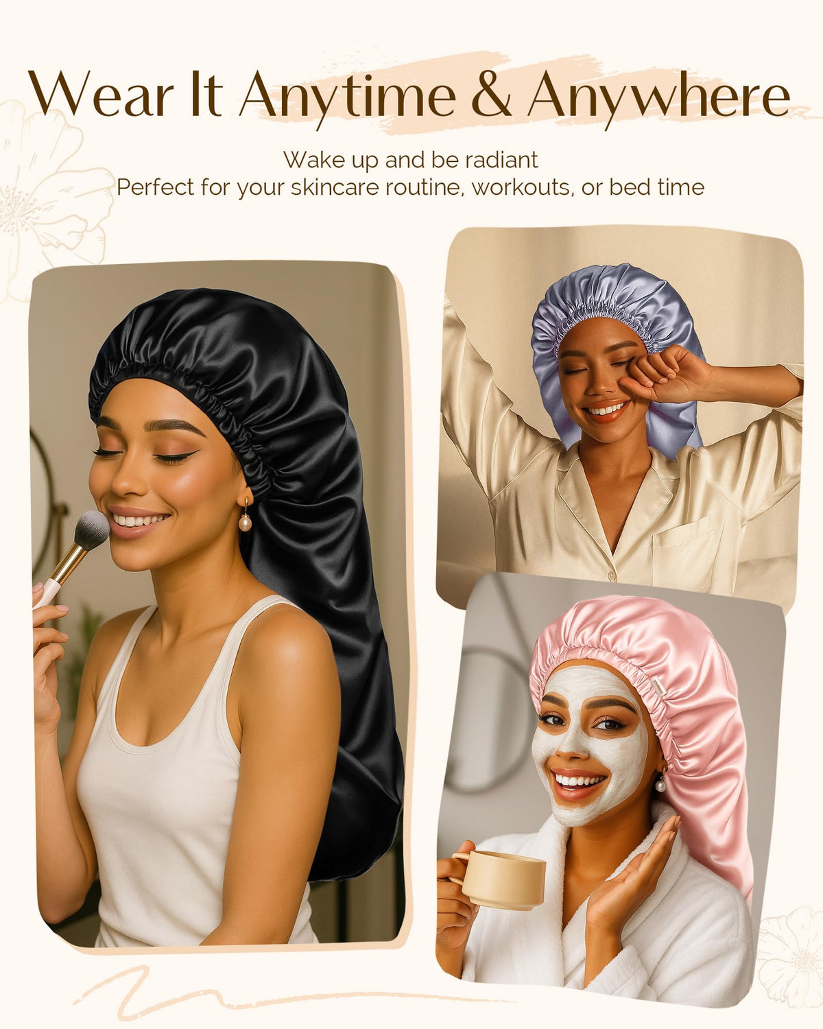 YANIBEST bonnet on pillow in bedroom scene showing overnight hair protection