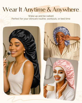 YANIBEST bonnet on pillow in bedroom scene showing overnight hair protection