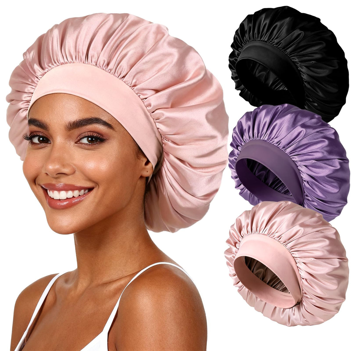 yanideer front view satin bonnets showing smooth fabric and neat shape for hair protection
