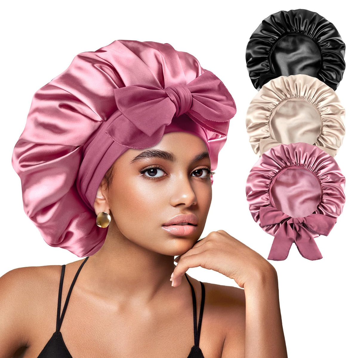 Yanideer gold bonnet front view showing smooth satin and elegant color benefit: protects hair