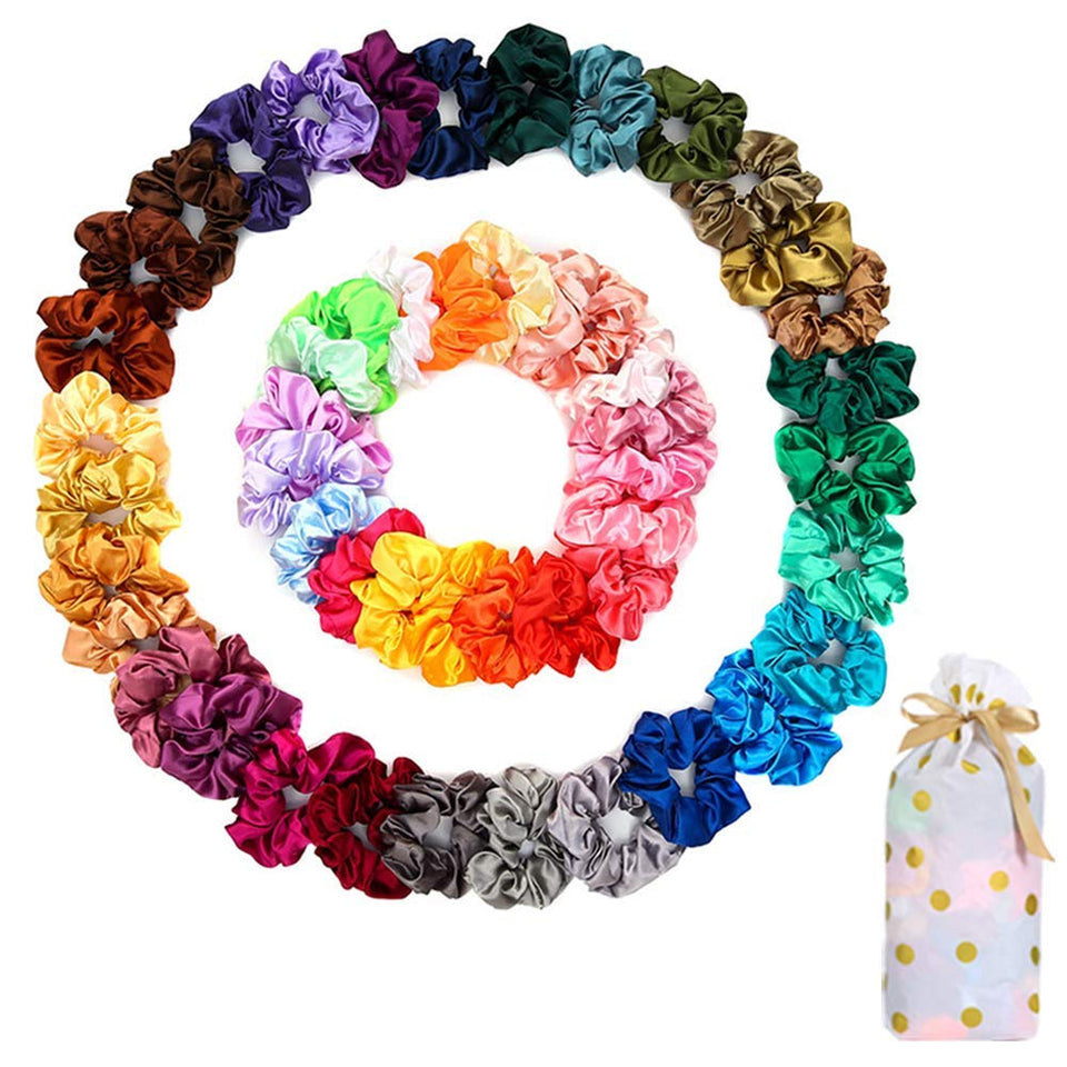 Yanwenx front packaging showing 50 satin scrunchies and included gift bag benefits convenience