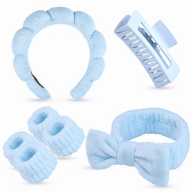 Yaqulen front view of blue 7-piece spa set showing complete contents and convenience