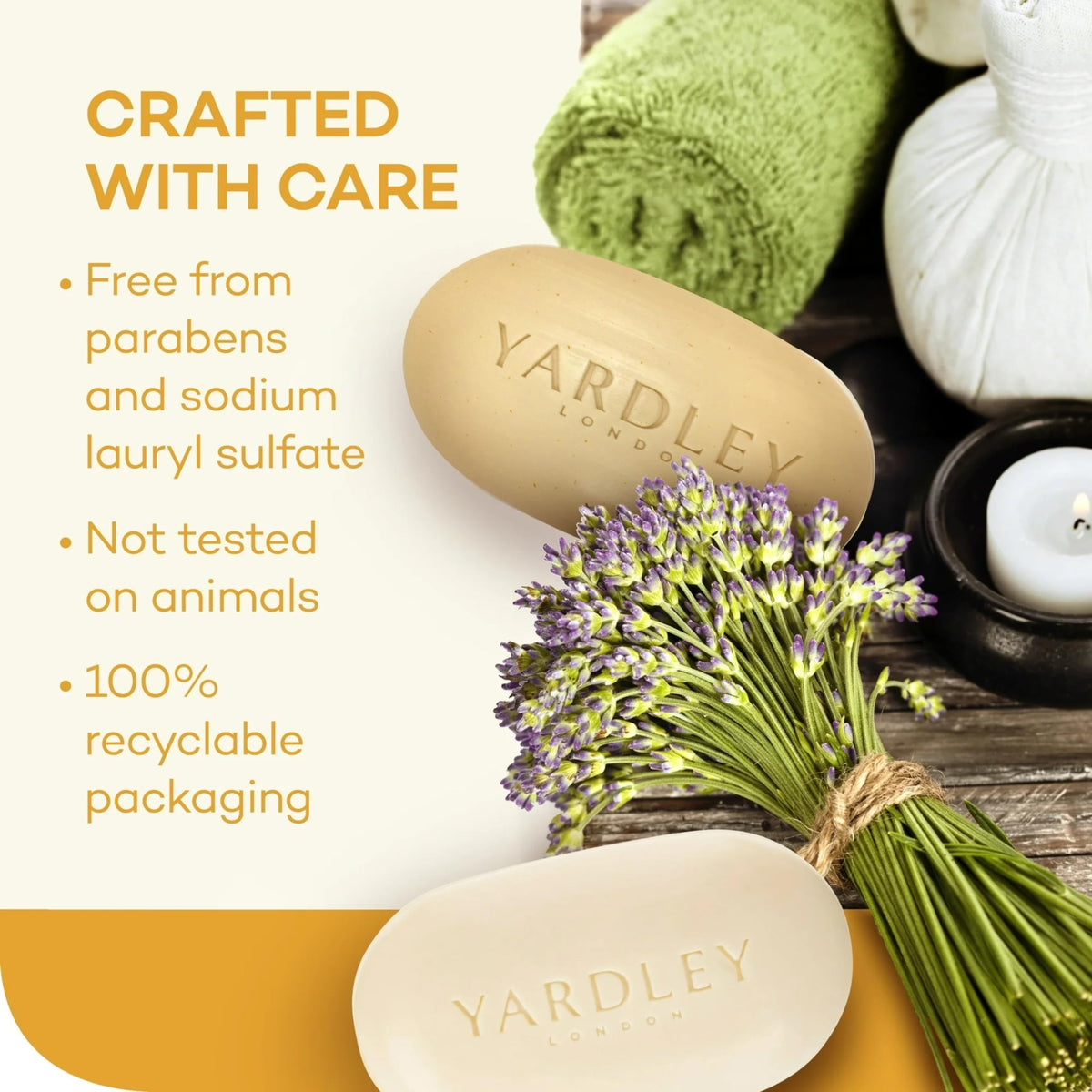 Yardley bar side profile showing weight and readable product label benefit