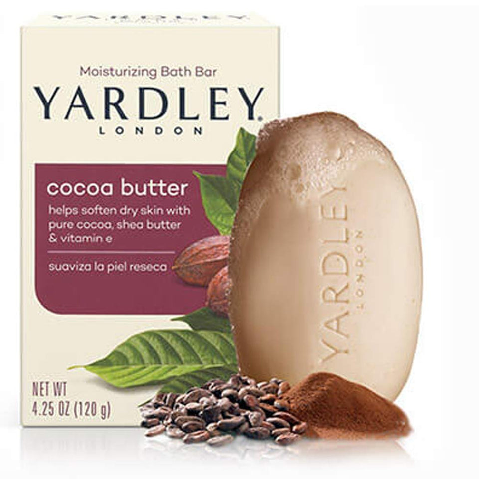 Yardley London cocoa butter bath bar front view showing label and moisturizing benefits