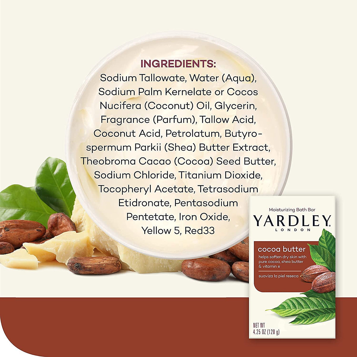 Yardley bar next to ruler showing 4.0 oz size and travel convenience