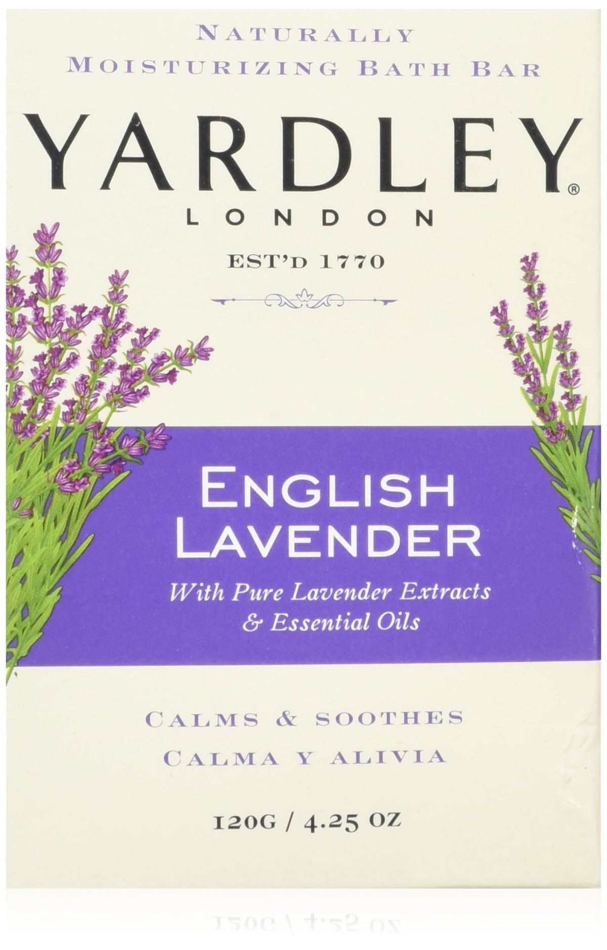 Yardley English Lavender front packaging showing bar and brand, calming aroma benefit